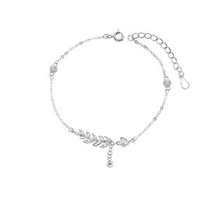 Elegant S925 silver bracelet featuring wheat leaf design with sparkling zircon stones