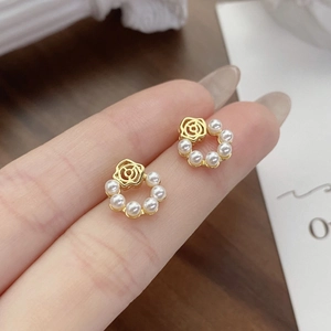 Boucles d'oreilles roses en argent S925 vintage français avec perles blanches et or
