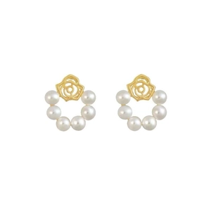 Boucles d'oreilles roses vintage en argent S925 avec perles et design floral doré