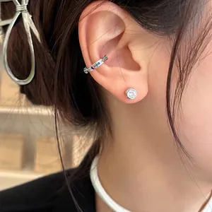 S925 sterling silver rainbow zircon ear cuff and round stud earring set for women