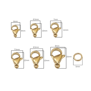 Golden and steel lobster clasps with jump rings in various sizes for DIY jewelry