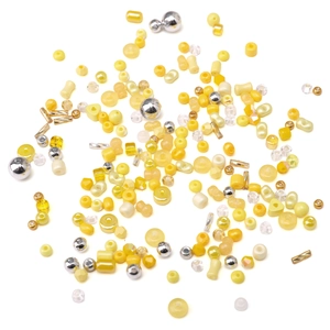 Assorted yellow glass seed beads and resin sequins for DIY jewelry making kits