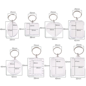 Clear acrylic photo frame keychain set with various geometric shapes and size markings