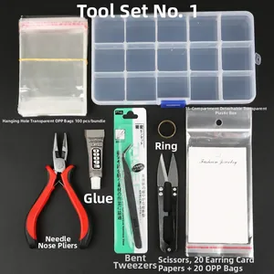 Detailed DIY jewelry toolkit with precision pliers, glue, tweezers and storage boxes