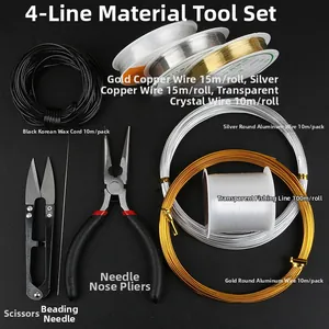 Flat lay of DIY jewelry tool kit including assorted wires, beading needles and pliers