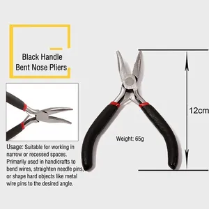 Detail of bent nose pliers with black non-slip handle and 12cm metal head for DIY crafts