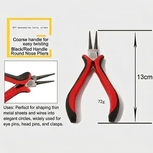 Detail of round nose jewelry pliers with red and black non-slip handles for DIY wire looping