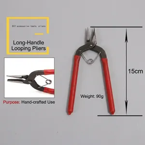Detail of 15cm long round nose jewelry pliers with red non-slip grip handles and spring