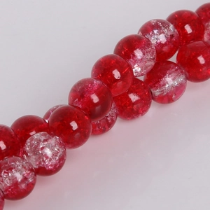 Macro view of 8mm red crackle glass beads with internal crystal texture for DIY jewelry