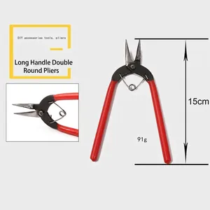 Detail of 15cm long round nose pliers with red non-slip handles for DIY jewelry making