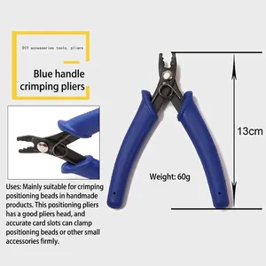 Detail view of 13cm jewelry crimping pliers with blue handles for DIY beading work