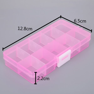 Joyero rosa con 10 compartimentos, dimensiones de 12,8 cm x 6,5 cm x 2,2 cm