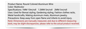 Detailed size and color guide for colorful 1.5mm aluminum wire for DIY crafts