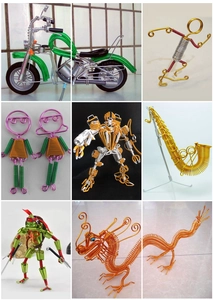 Detailed wire art showing handmade bike and dragon crafts from colorful aluminum wire