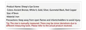 Detailed technical specifications for 4x9mm iron eye screw pins in six different finishes