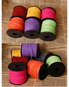 Primer plano de cordones de gamuza sintética de colores en carretes para bisutería DIY