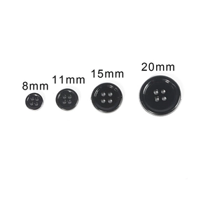 Classic black four-hole plastic buttons for shirts in 8mm, 11mm, 15mm, and 20mm sizes