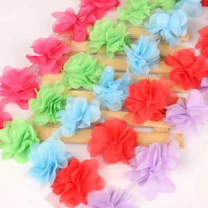 Detail of colorful 3D chiffon flower lace trim for DIY garment sewing and decoration