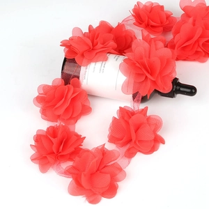 Red chiffon flower lace trim ribbon for DIY clothing decoration and handmade accessories