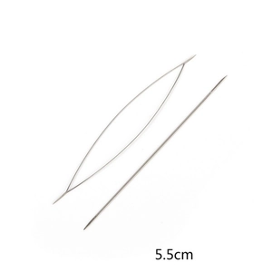 Macro shot of two 5.5cm stainless steel big eye beading needles for DIY jewelry making
