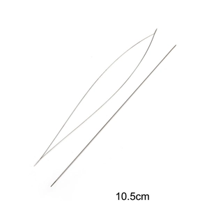 Macro detail of two 10.5cm silver stainless steel large eye beading needles for DIY jewelry