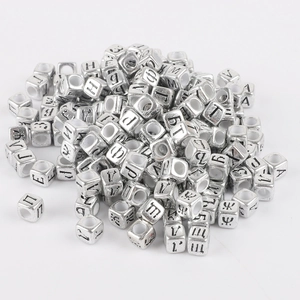 Silver square DIY letter beads for jewelry making with black engraved characters