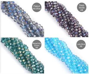 Macro detail of 8mm faceted glass crystal beads in ink blue, violet, and peacock green