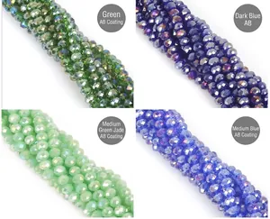 Detailed macro view of 8mm faceted glass crystal beads in four vibrant AB color finishes
