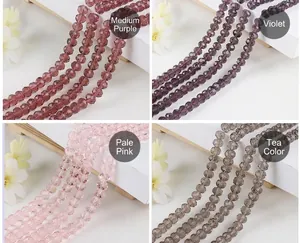 Detail view of 8mm faceted glass beads in purple, violet, light pink, and brown