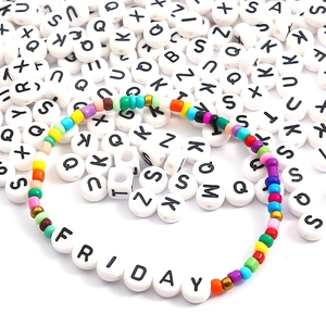 Colorful DIY acrylic alphabet bead bracelet featuring FRIDAY lettering and round spacers