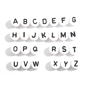 Polished acrylic white round alphabet beads with black letters for DIY jewelry making