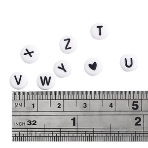 7mm white acrylic alphabet beads with black letters and heart patterns for DIY jewelry