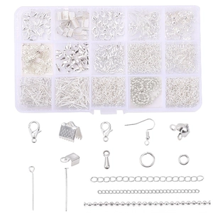 Kit de fabricación de joyas DIY de 15 rejillas con cierres y ganchos en plateado