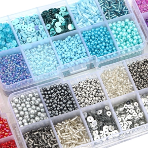 DIY jewelry making kit with colorful seed beads and faux pearls in clear plastic box