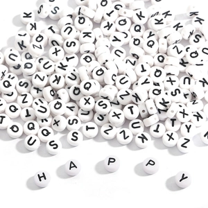 DIY white acrylic round alphabet beads with black letters for personalized jewelry making