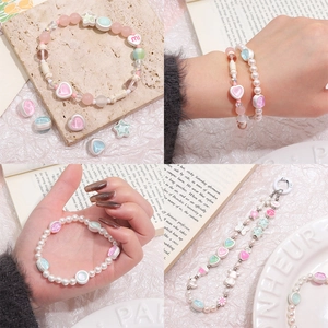 Pink and white alloy star heart charm bracelet set with pearls and star beads