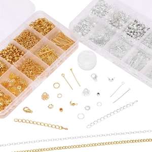 Kit de fabricación de joyas DIY con cierres de langosta, anillas y cuentas en oro y plata