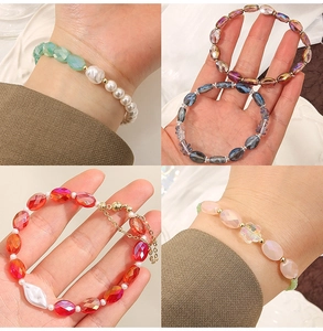 Detailed macro view of faceted crystal beads and pearls on handmade adjustable bracelets