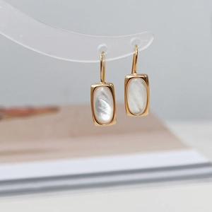 Macro shot of S925 sterling silver rectangular earrings with iridescent mother of pearl
