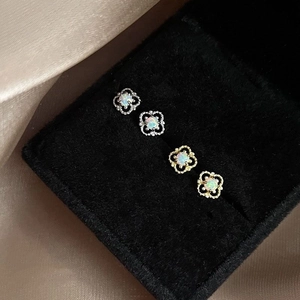 S925 sterling silver hollow clover stud earrings in gold and silver with opal stones
