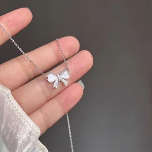 S925 Sterlingsilber Schleife Halskette Für Damen Süße Strass Eingelegt Katzenaugenstein Anhänger Schlüsselbein Kette Schmuck