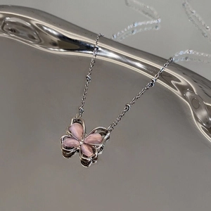 S925 Sterlingsilber Rosa Schmetterling Anhänger Halskette Elegant Süß Strass Eingelegt Schlüsselbeinkette Für Damen Schmuck