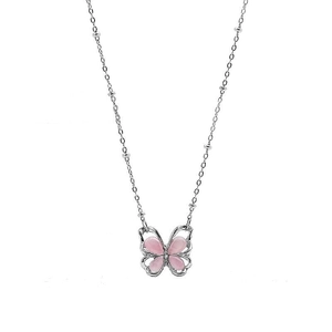S925 Sterling Silber Schmetterling Halskette mit rosa Katzenaugen und Zirkonia