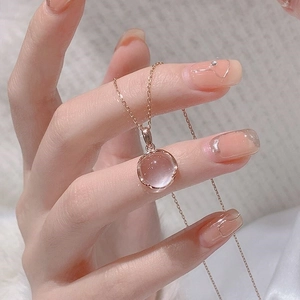 S925 Sterling Silver Pink Chalcedony Pendant Necklace For Women Rose Gold Plated Round Gemstone Clavicle Chain Jewelry