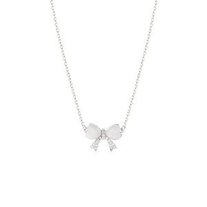 S925 Sterling Silber Halskette mit Schleife, weißem Katzenaugenstein und Zirkon