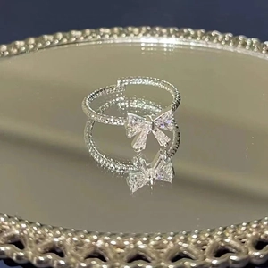 S925 Sterling Silver Bowknot Adjustable Open Ring With Zirconia Inlaid Sweet Elegant Niche Design Luxury Women Finger Ring