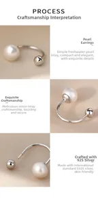 Macro detail of S925 sterling silver pearl earrings with a sleek C-shaped spiral design