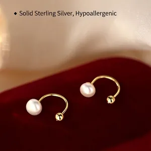 U-shaped sterling silver pearl earrings with gold finish, elegant hypoallergenic jewelry