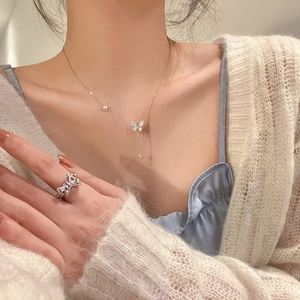 Elegant 925 Sterling Silver Butterfly Pendant Necklace With Zircon Rhinestone And Synthetic Artificial Pearl Tassel For Women Jewelry