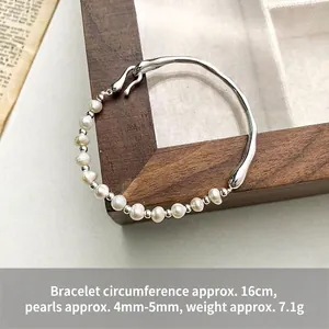 Bracelet jonc élégant en argent sterling s925 avec perles d'eau douce et tour de 16cm